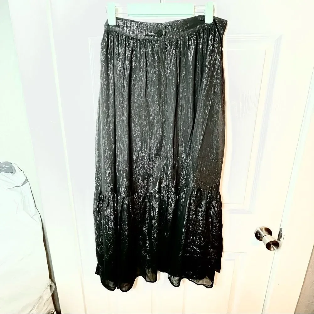 Modcloth Shimmering Rainfall Metallic Midi Skirt Tier Aline Black AU 12 US 8 NWT
